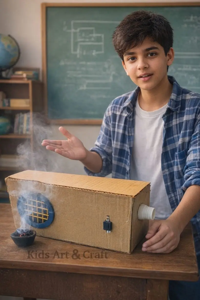 Student showing homemade smoke absorber box with fan and filter system