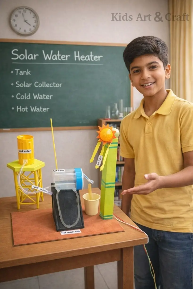 Student presenting solar water heater model with labeled tank, collector, and pipes.