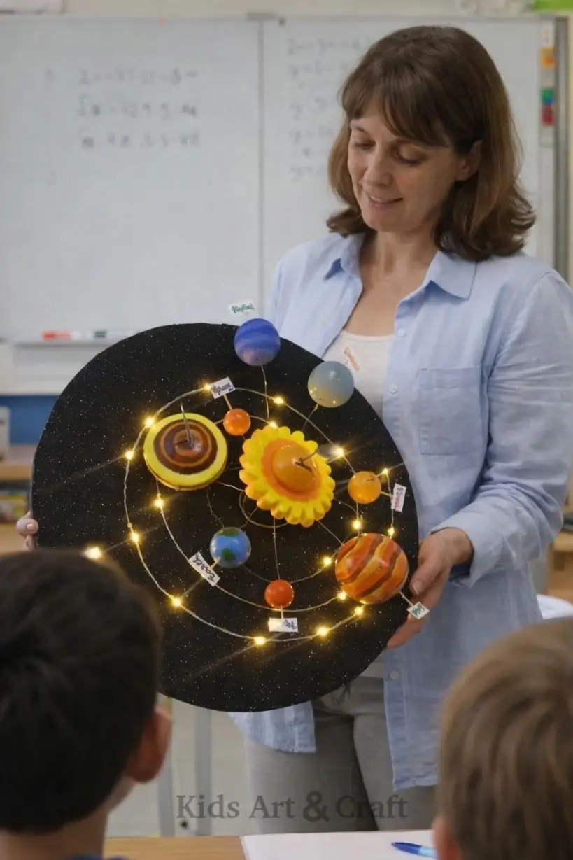 Teacher holding illuminated solar system model showing planets orbiting around the sun.