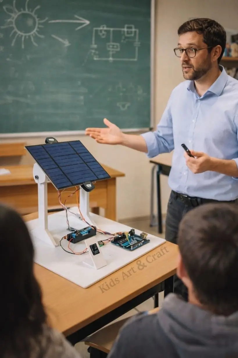 Teacher explaining solar tracker model connected with panel, circuit board, and sensors.