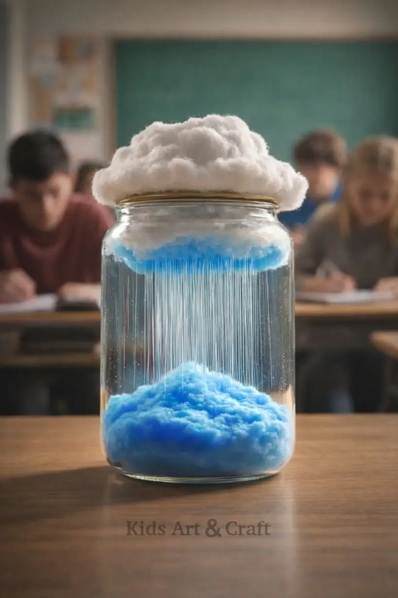 Jar model shows cloud raining blue water in classroom setting