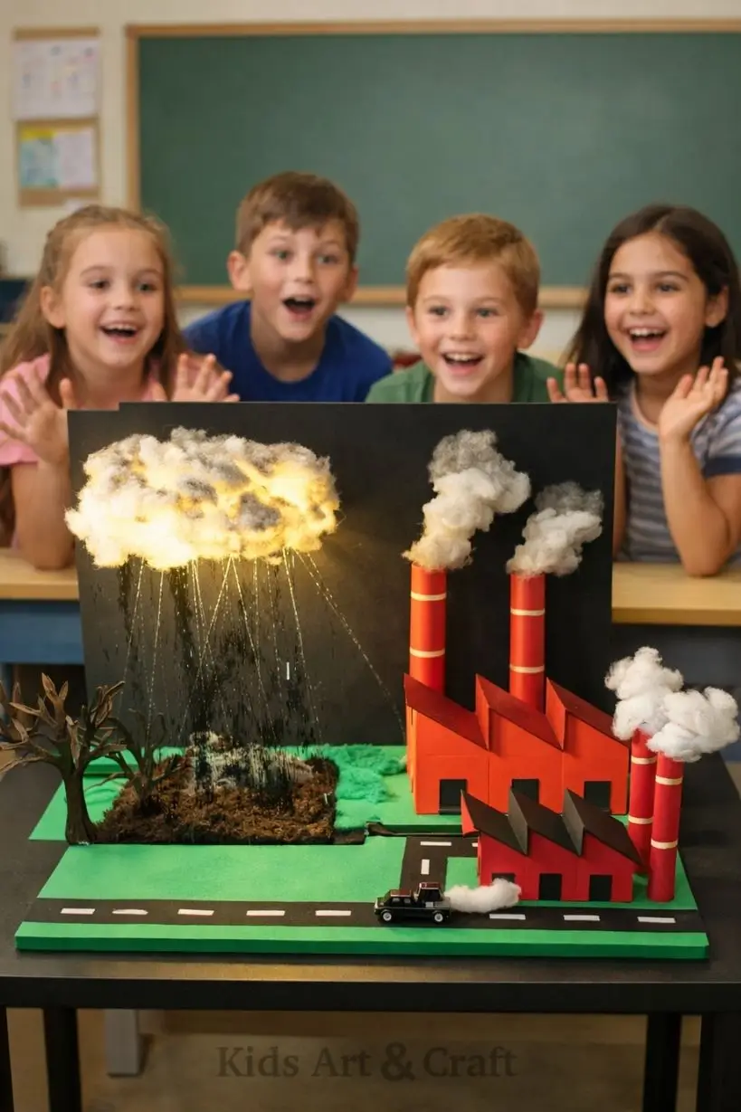 Children observing acid rain model with cloud, lightning, and polluted factory scene.