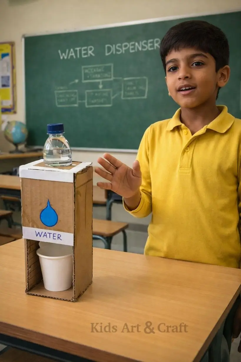 Student presenting simple cardboard water dispenser with bottle and cup system