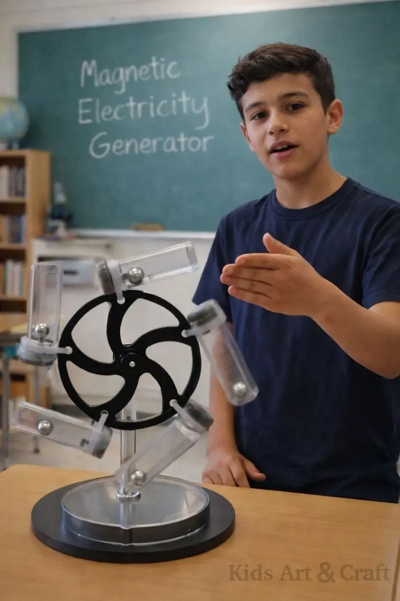 Student presenting magnetic electricity generator with rotating wheel and coil setup.