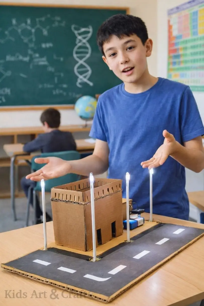Student presenting automatic street light model using LDR sensor and battery circuit.