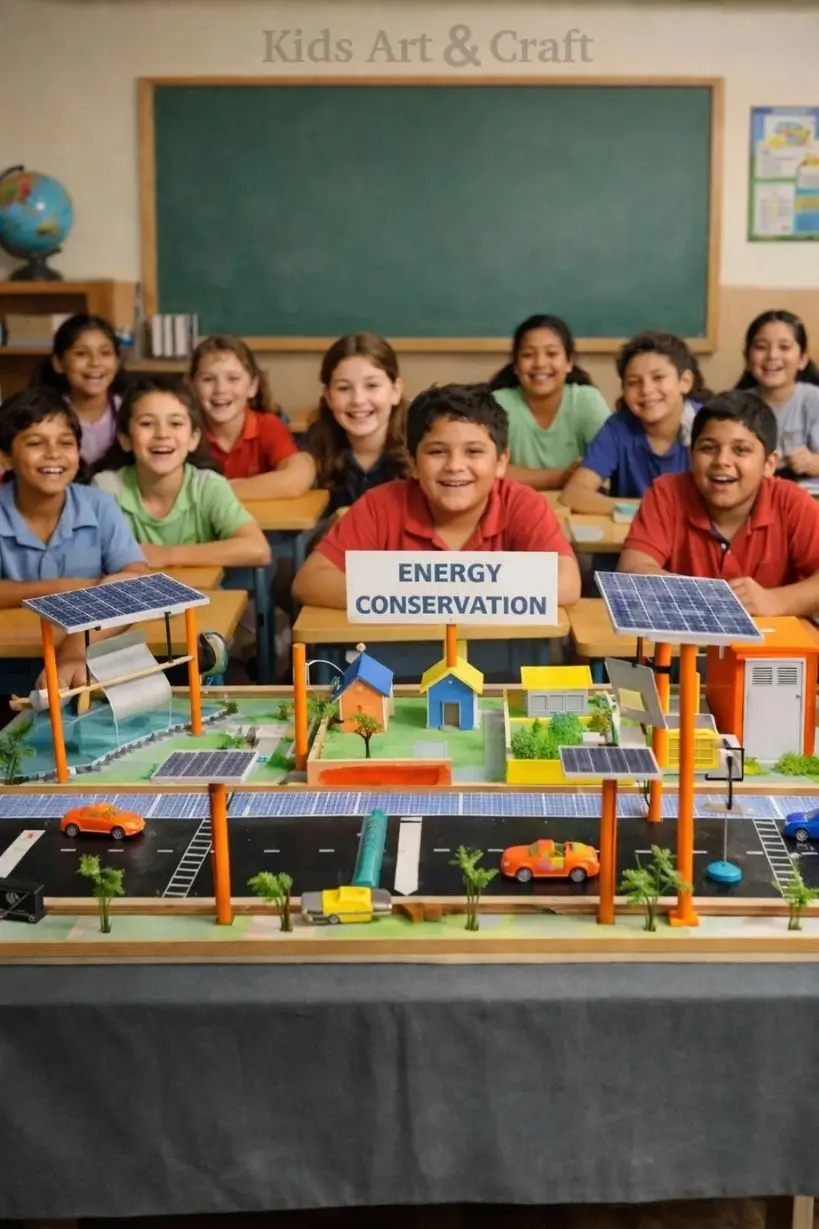 Students presenting solar powered city model promoting energy conservation concepts