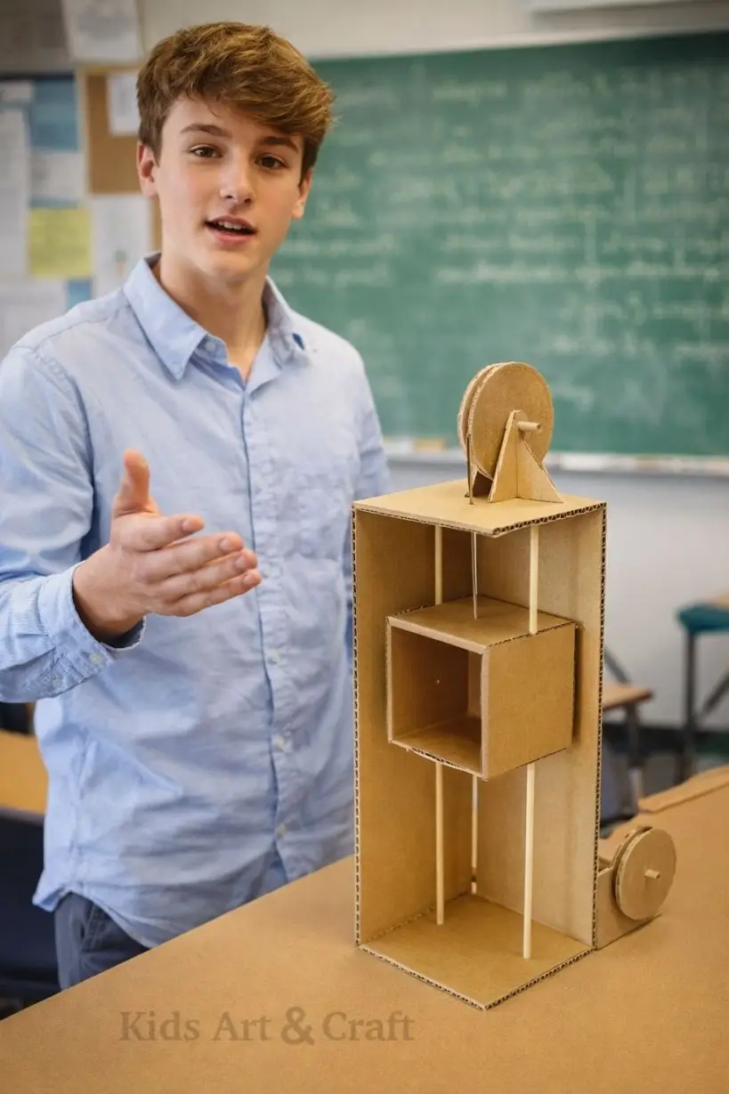 Teacher demonstrating pulley lift elevator model made from cardboard and strings.