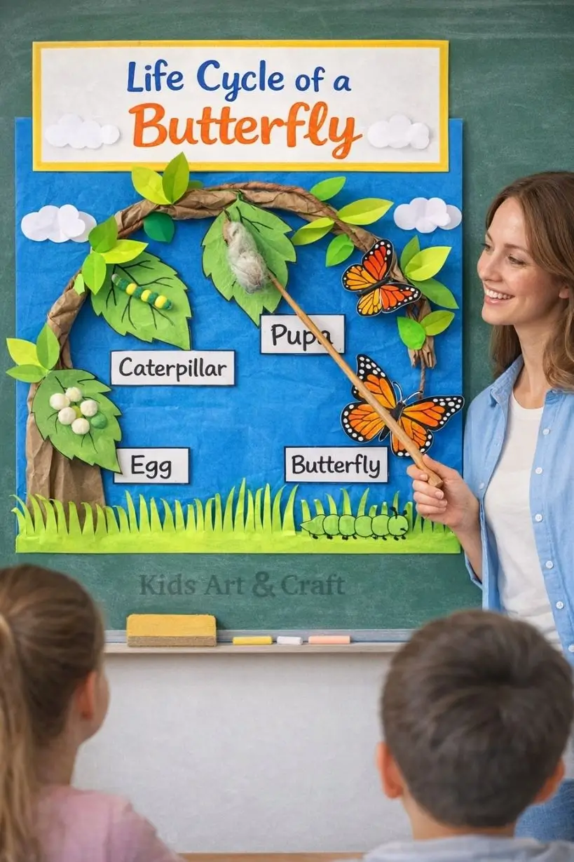 Teacher showing butterfly life cycle craft poster to young students