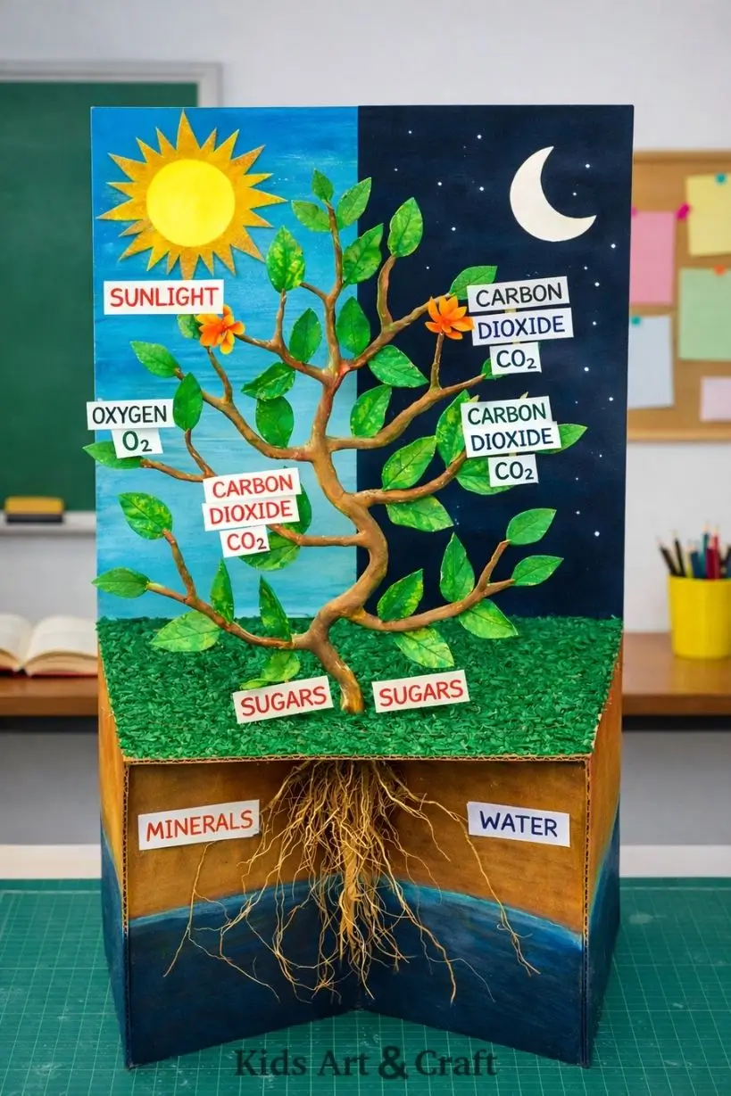 Handmade tree model showing photosynthesis process during day and night