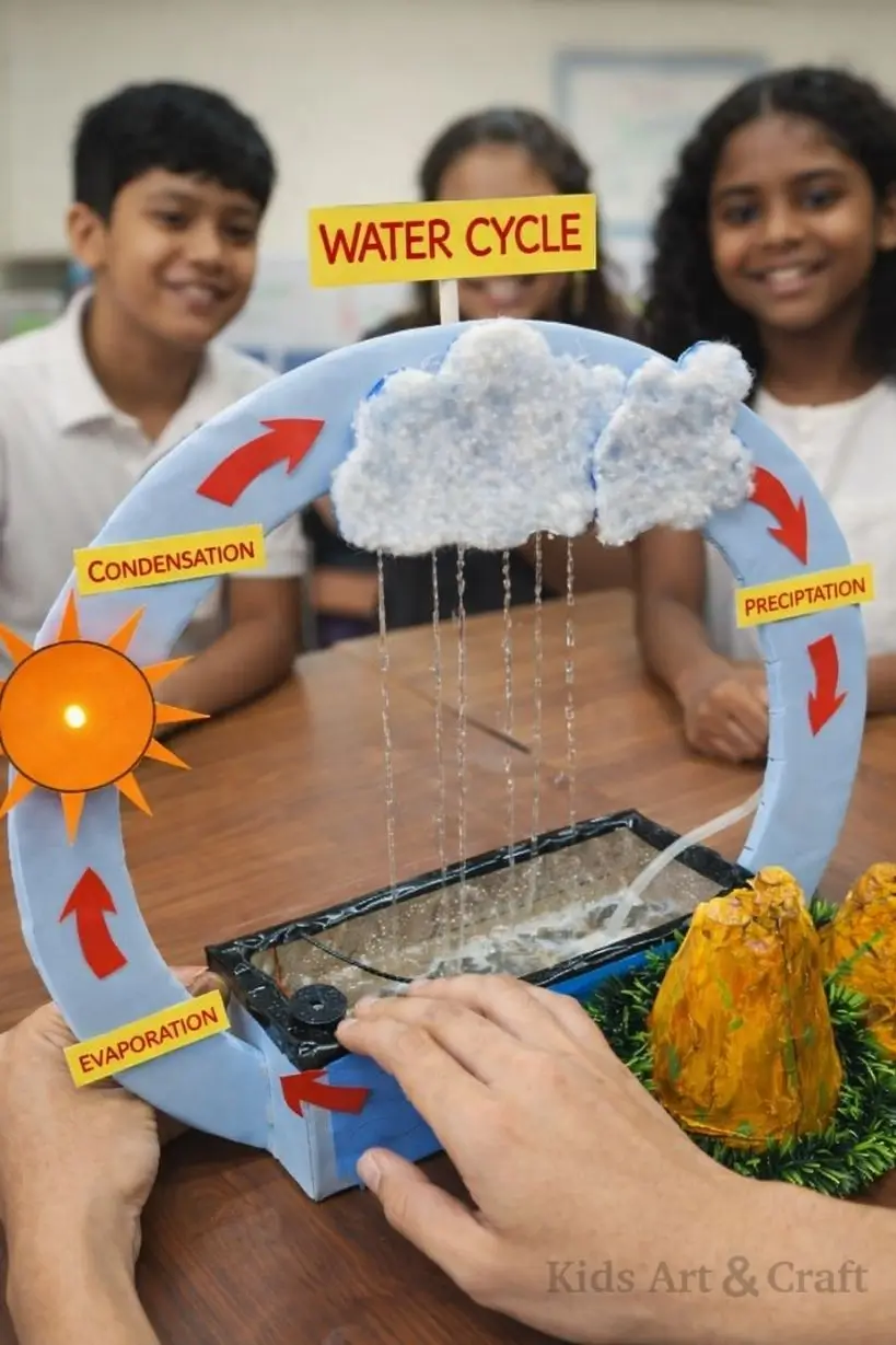 Kids observing water cycle model showing evaporation condensation precipitation stages
