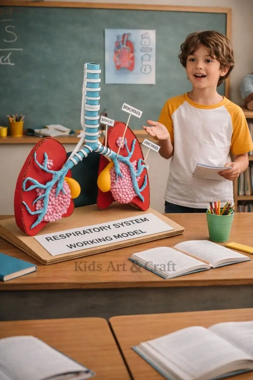 Student showing lung model with bronchi and alveoli structure in classroom