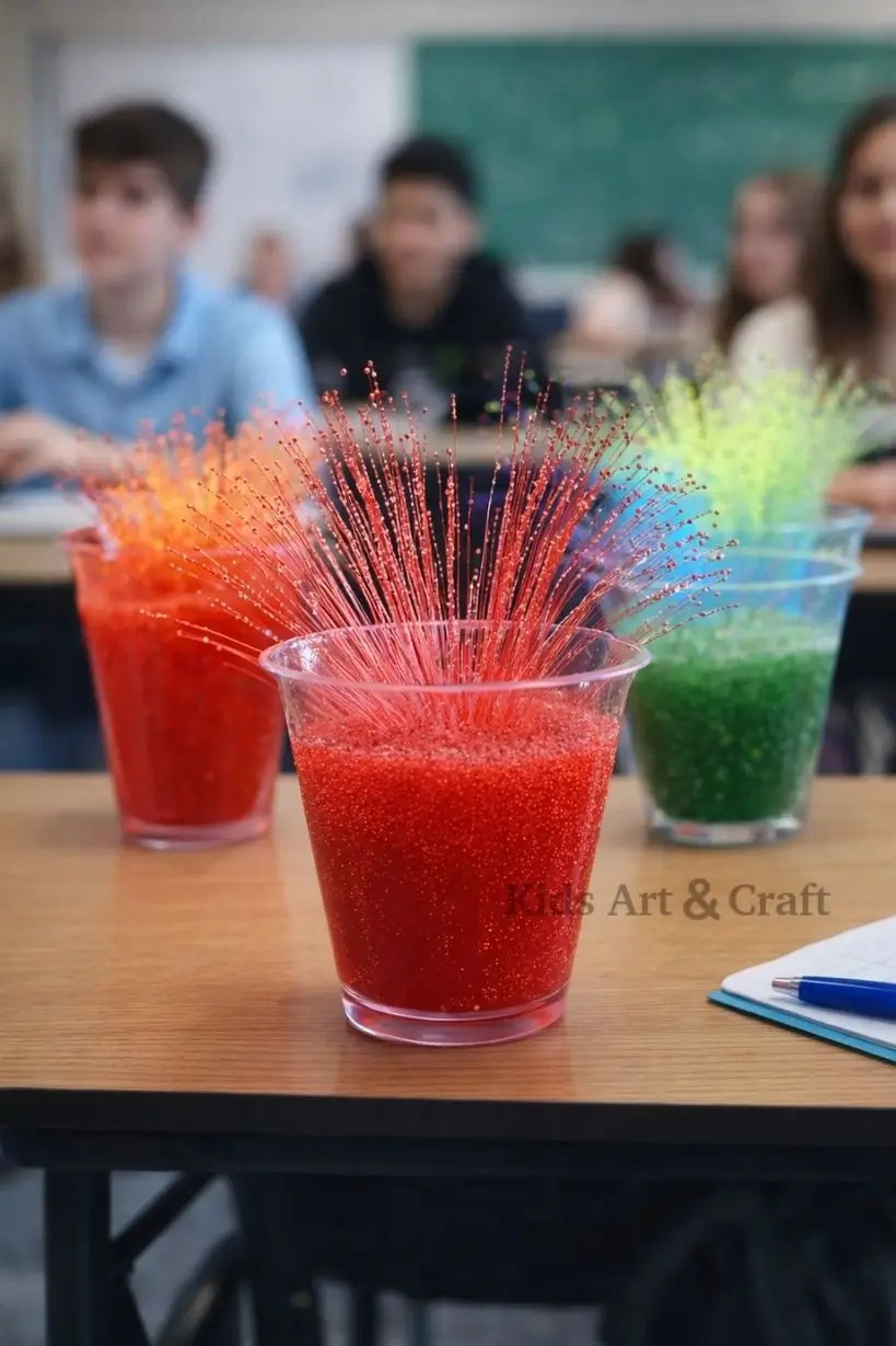 Colorful sensory bottles with glitter bursting in classroom experiment activity