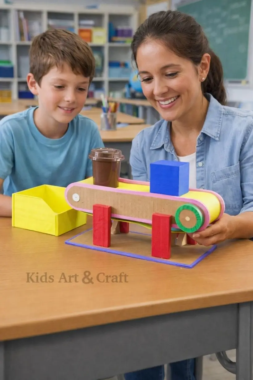 Teacher and student examining a simple conveyor belt model with objects.