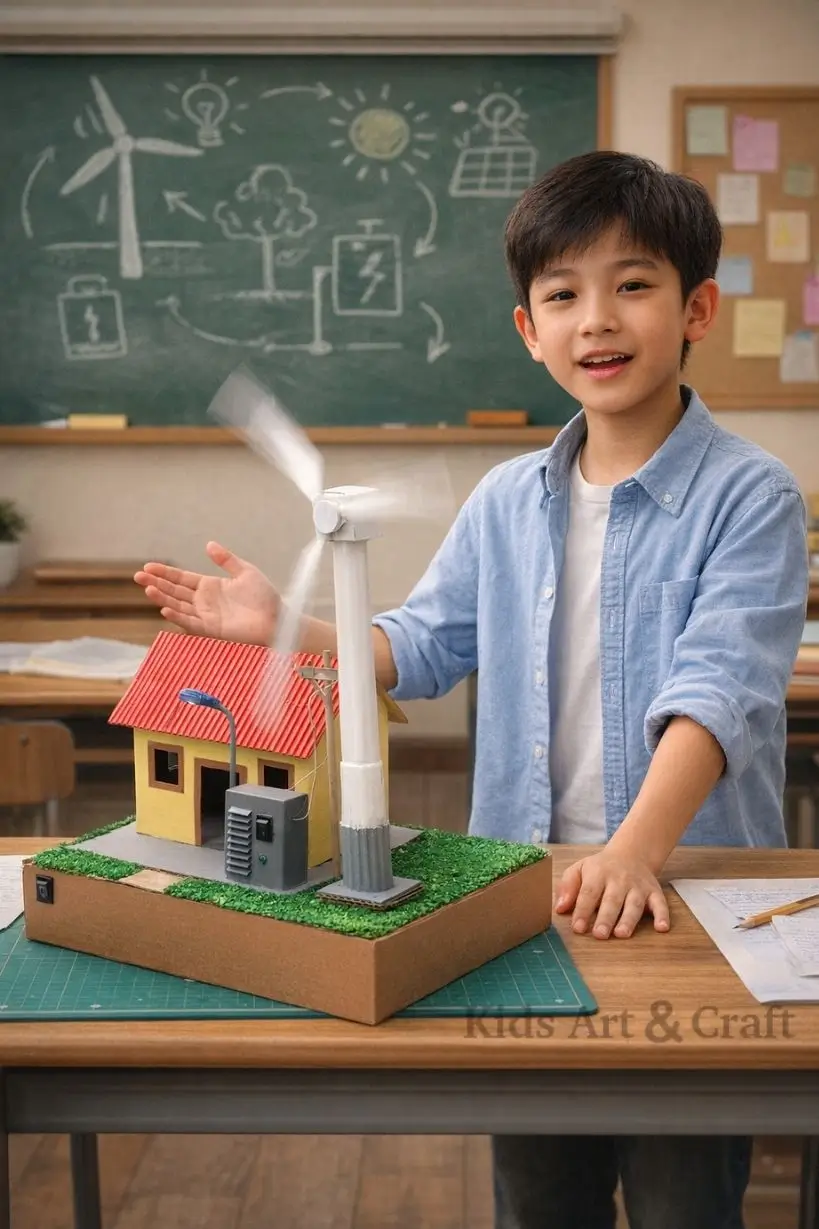 Student demonstrating wind turbine model powering small house setup on table