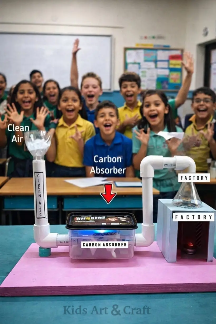 Students observing carbon absorber model filtering polluted air from factory setup