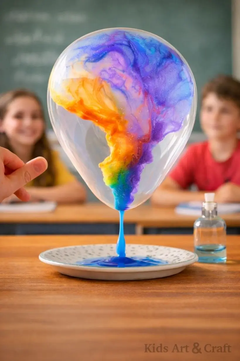 Colorful rainbow liquid swirling inside balloon science experiment classroom demonstration