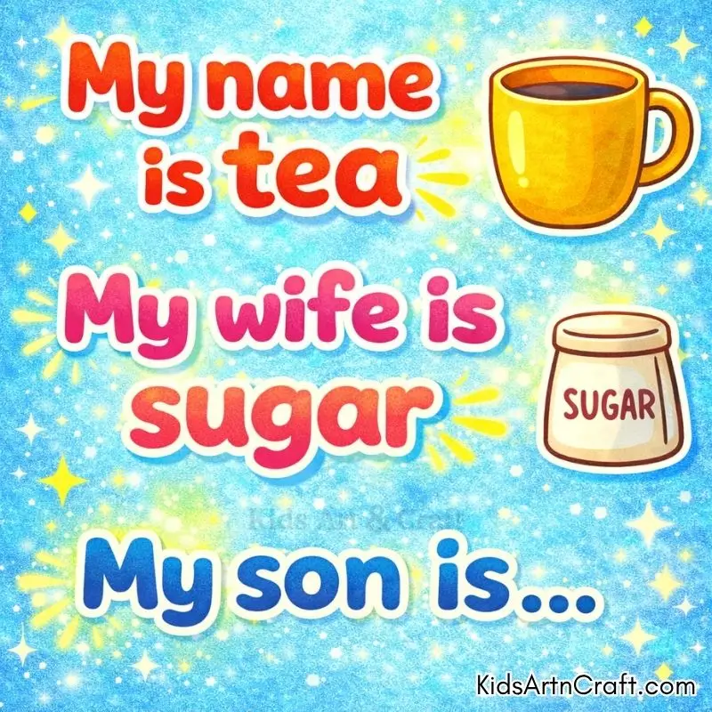 Colorful kids riddle image showing tea cup and sugar jar puzzle.