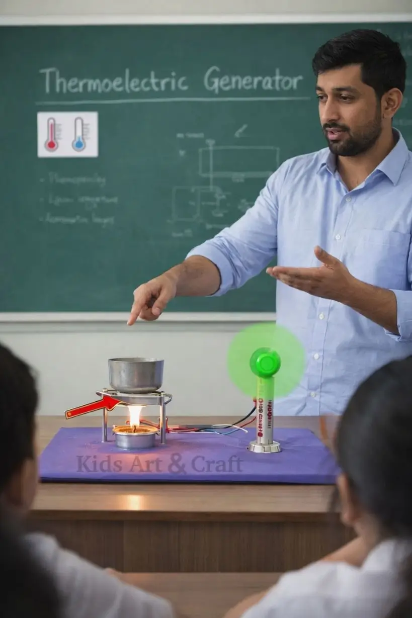 Teacher explaining thermoelectric generator model using heat source and spinning fan demonstration.