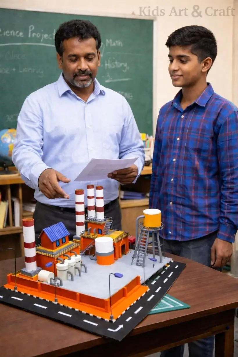 Teacher and student discussing factory pollution model with chimneys and industrial structures.