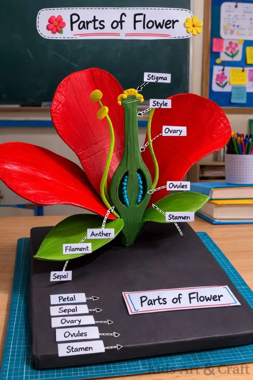 Colorful 3D flower model labeled parts for classroom science learning