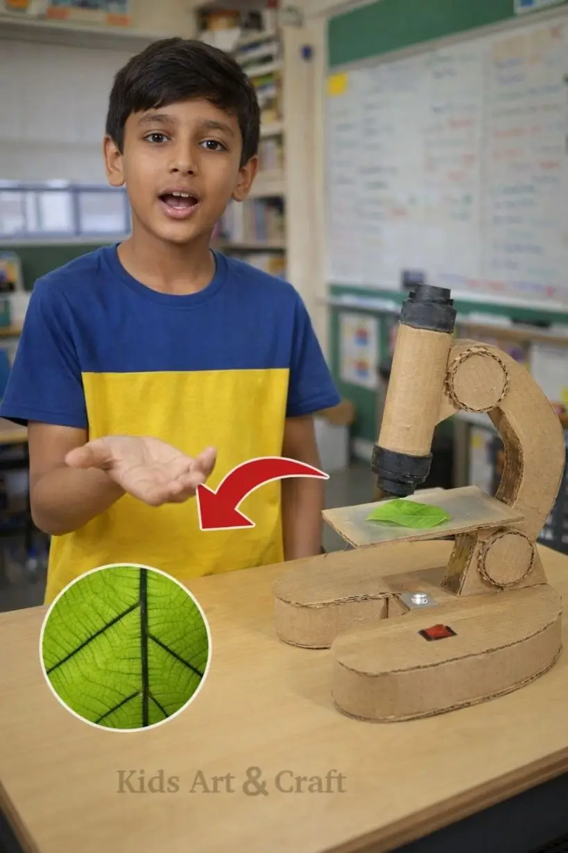 Student demonstrating cardboard microscope model observing leaf structure in classroom setting