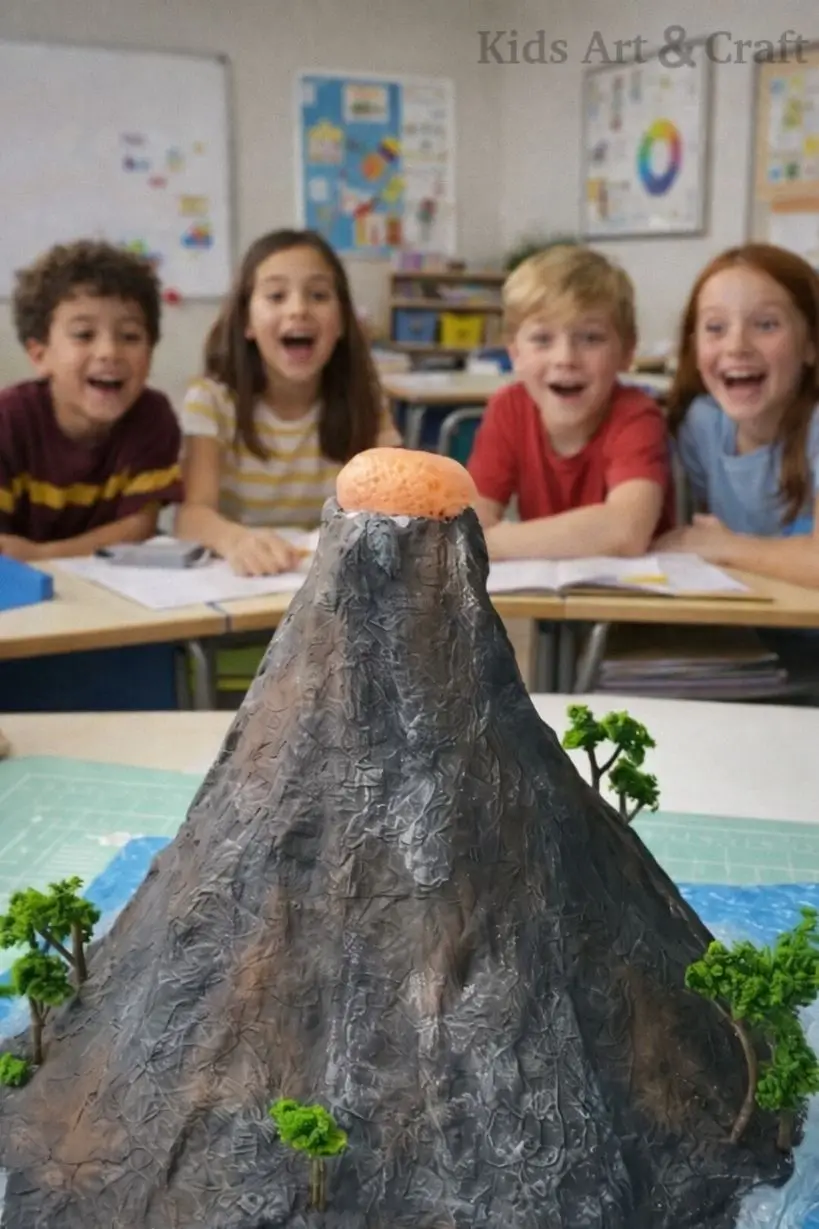 Kids observing volcano model eruption experiment with lava simulation in classroom