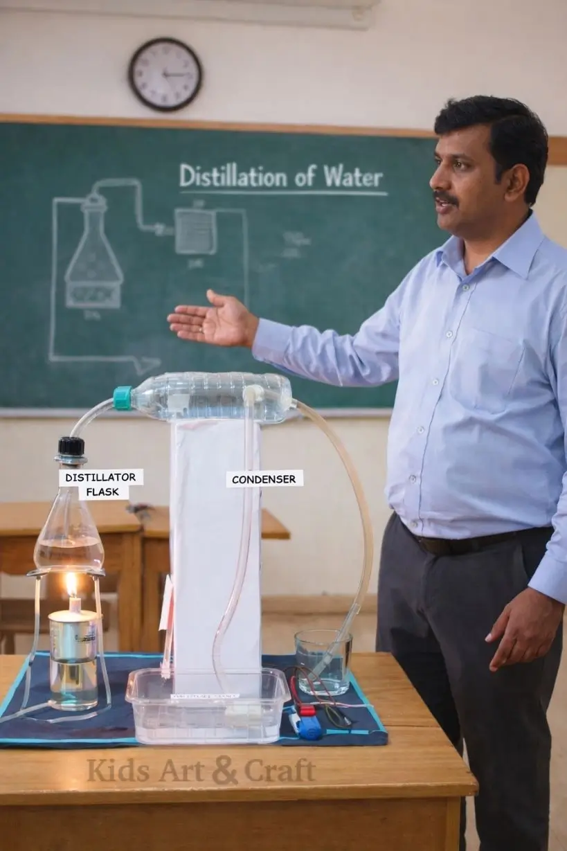 Teacher explaining water distillation setup with flask, condenser, and heating source
