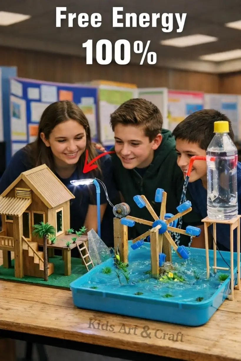 Students observing water turbine model generating electricity using flowing water and wheel.