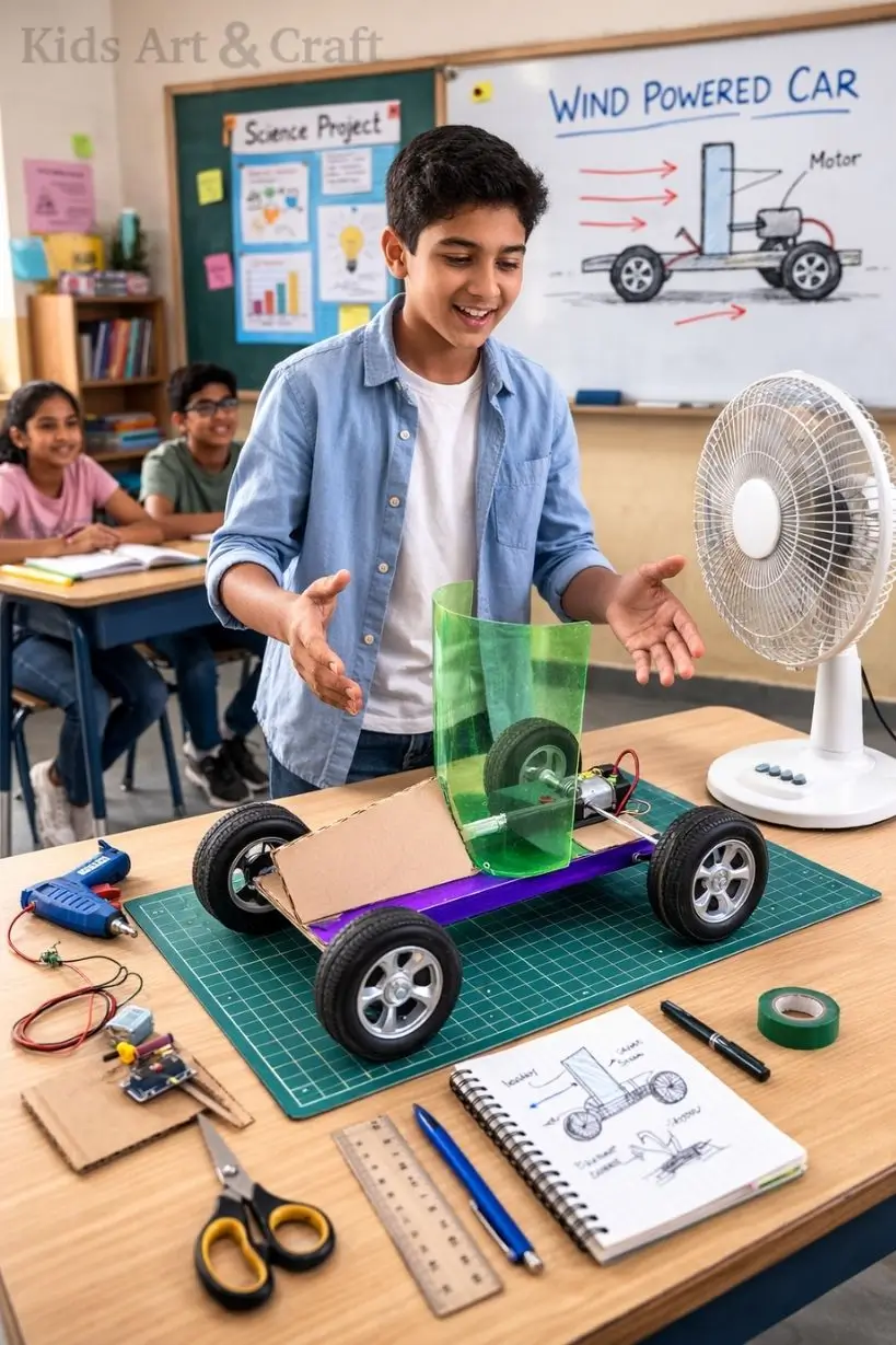 Student demonstrating wind powered car model using fan in classroom experiment
