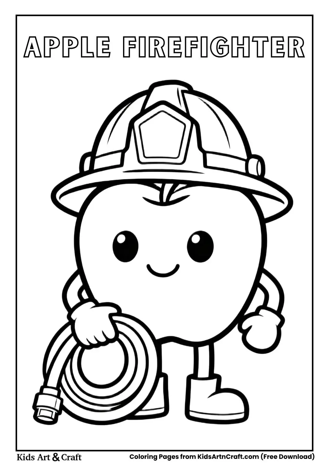 Cartoon apple dressed as a firefighter holding a hose black and white coloring page