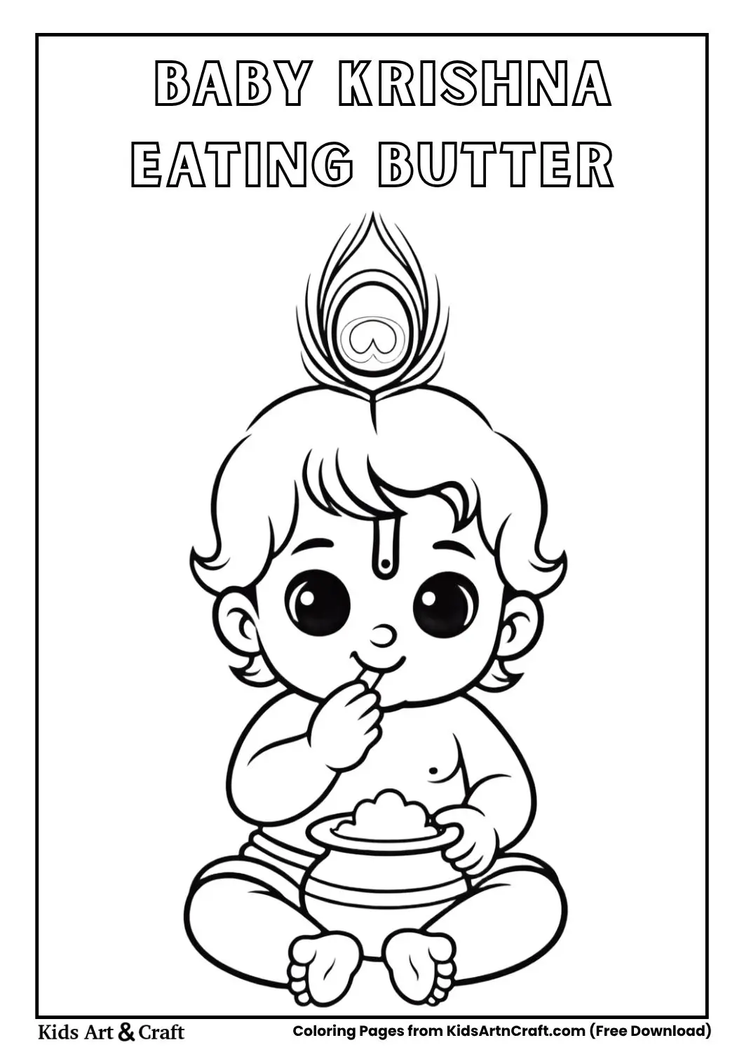 Cute baby Krishna eating butter simple black and white coloring page for kids