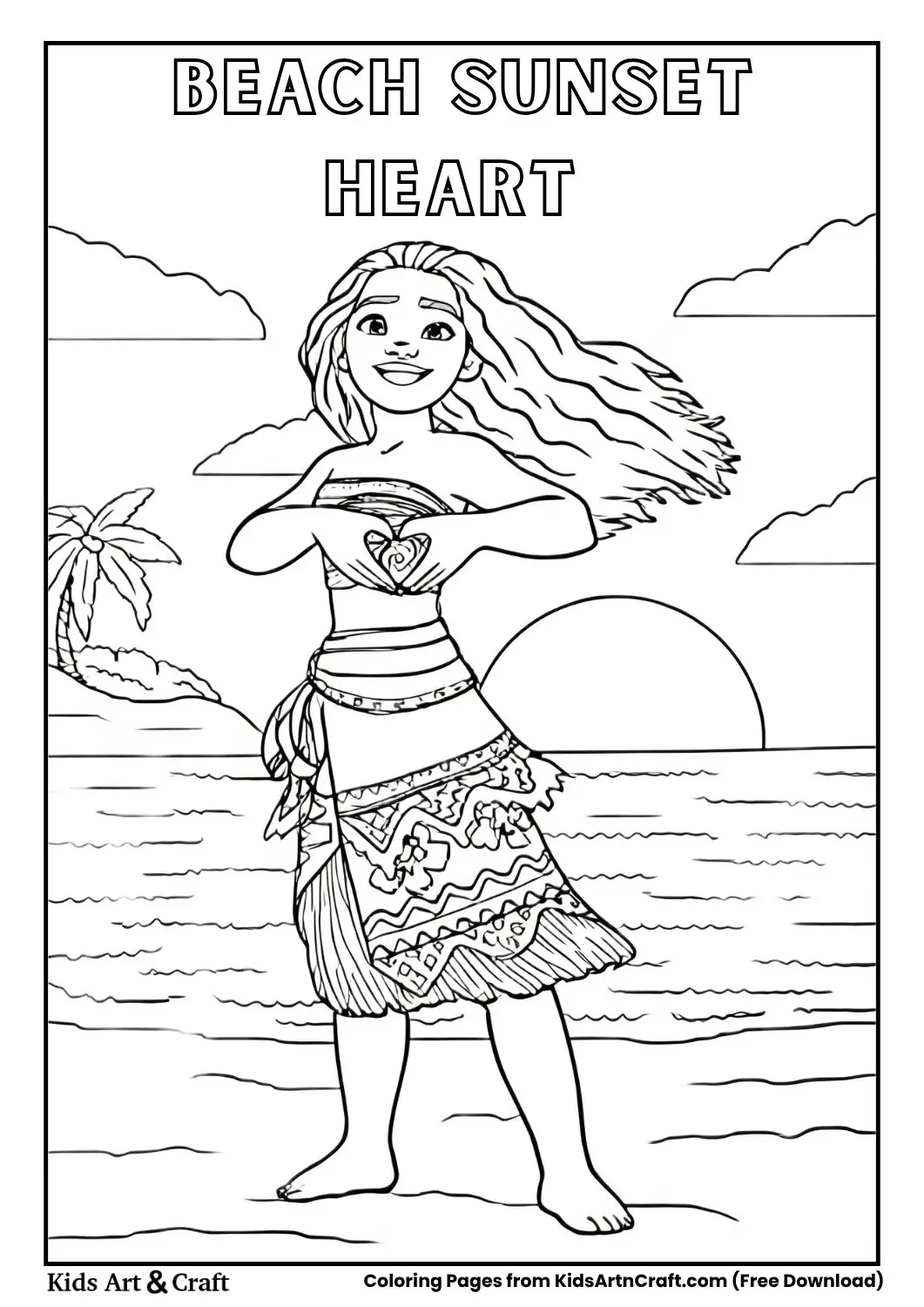 Cartoon young woman on beach making heart shape with hands at sunset