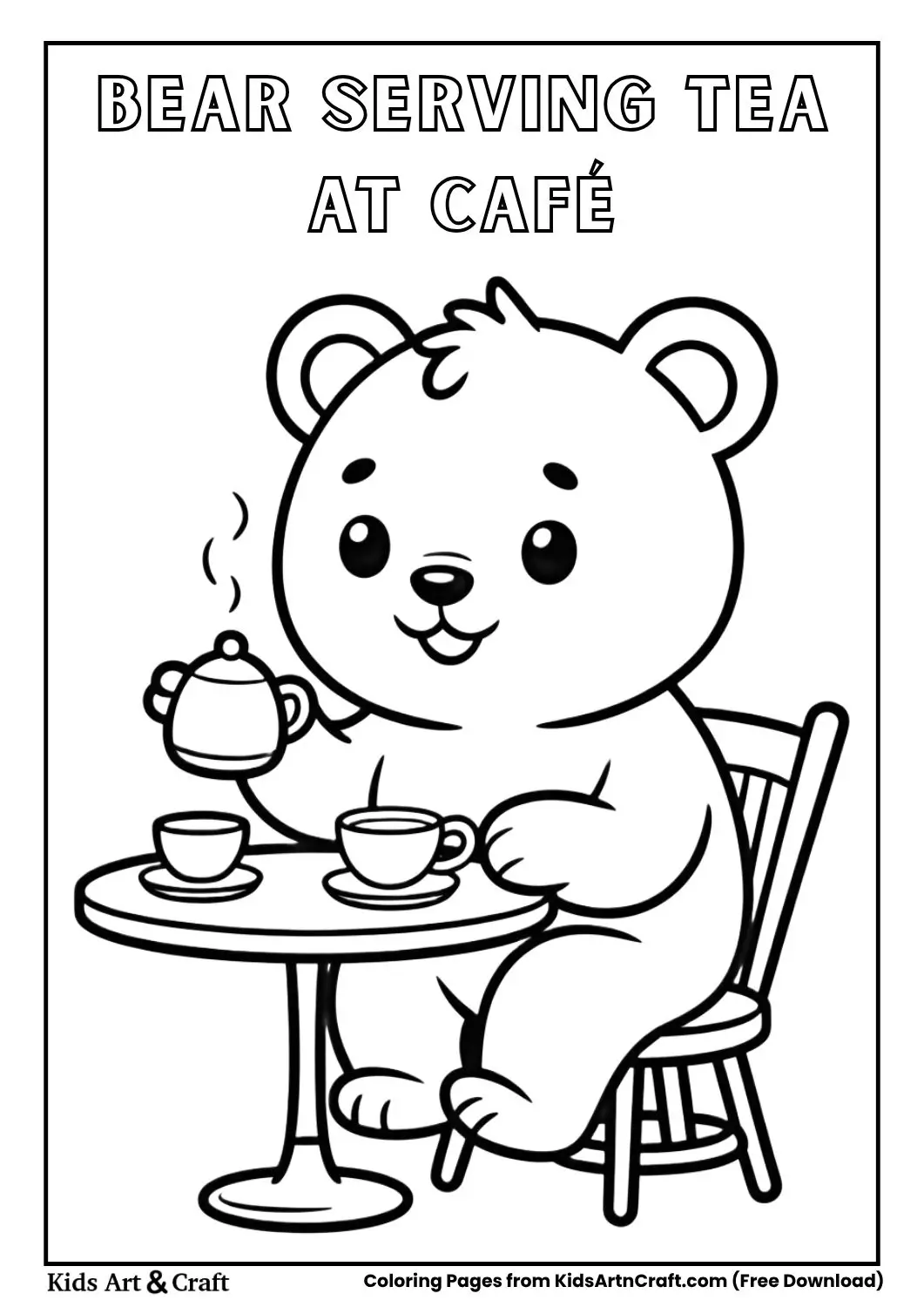 Cute bear serving tea in a café coloring page