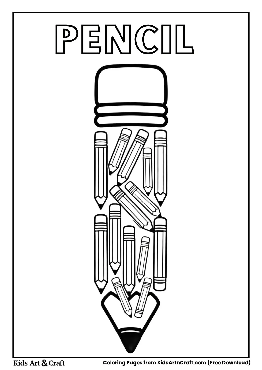 Big pencil made from many small pencils, thin black outline coloring page.