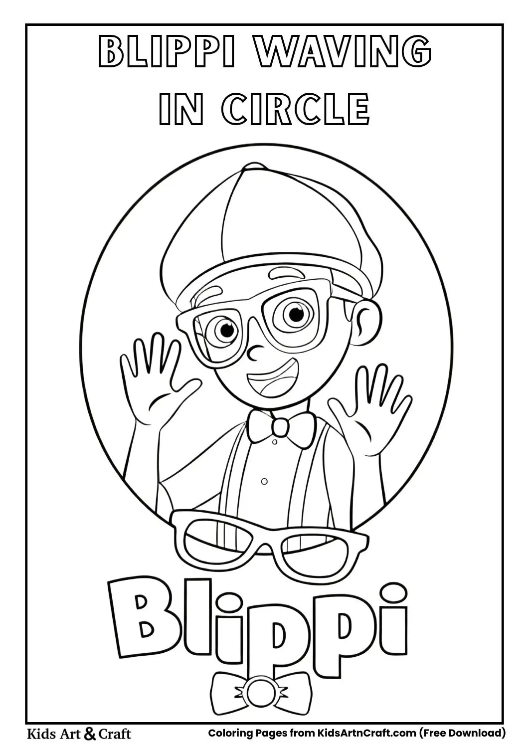 Blippi cartoon waving inside a circle with logo text below