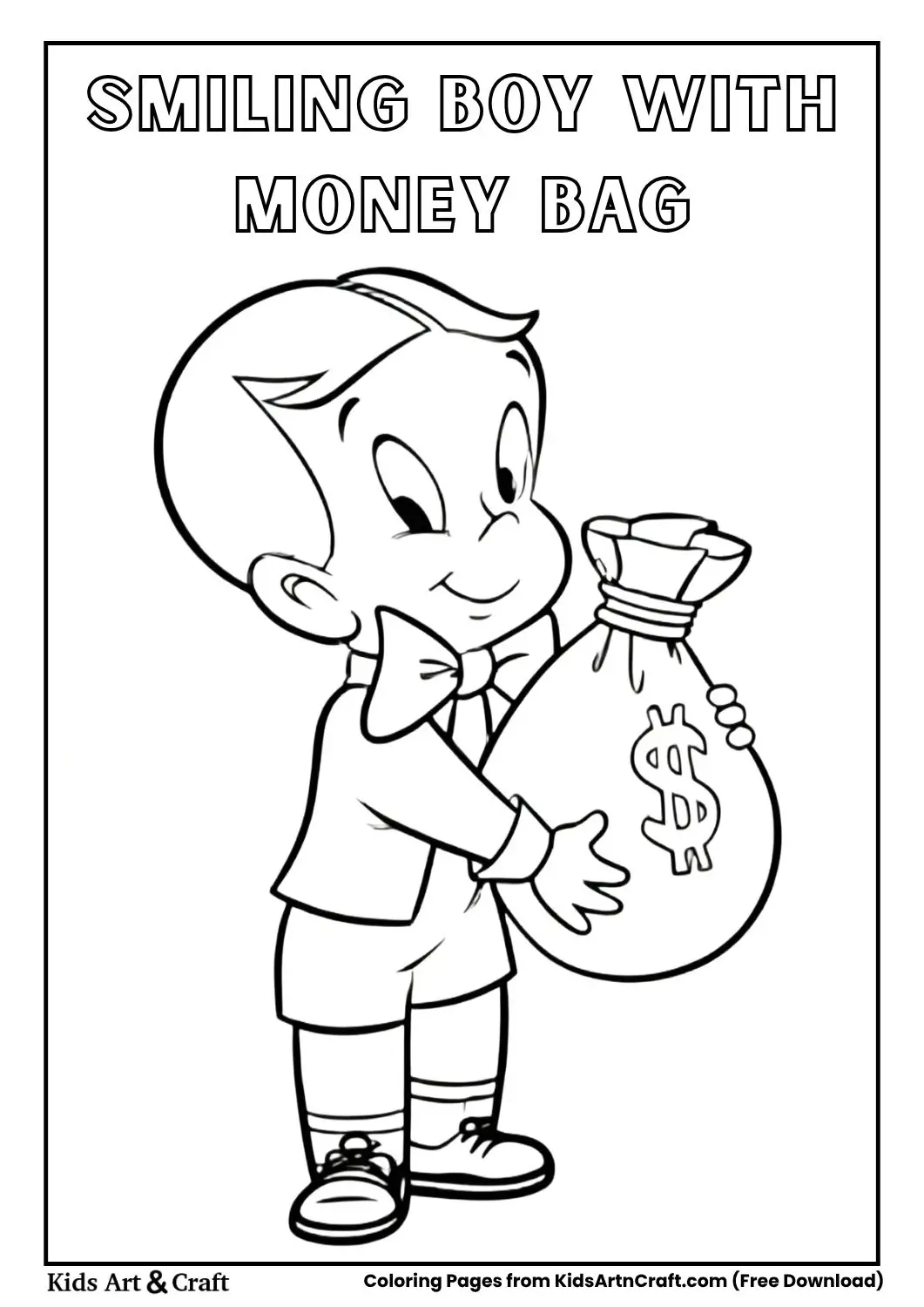 Cartoon boy in suit holding money bag with dollar sign