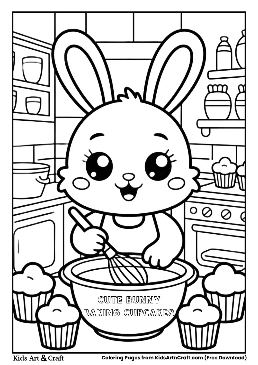 cute bunny baking cupcakes in cozy kitchen black and white coloring page for kids