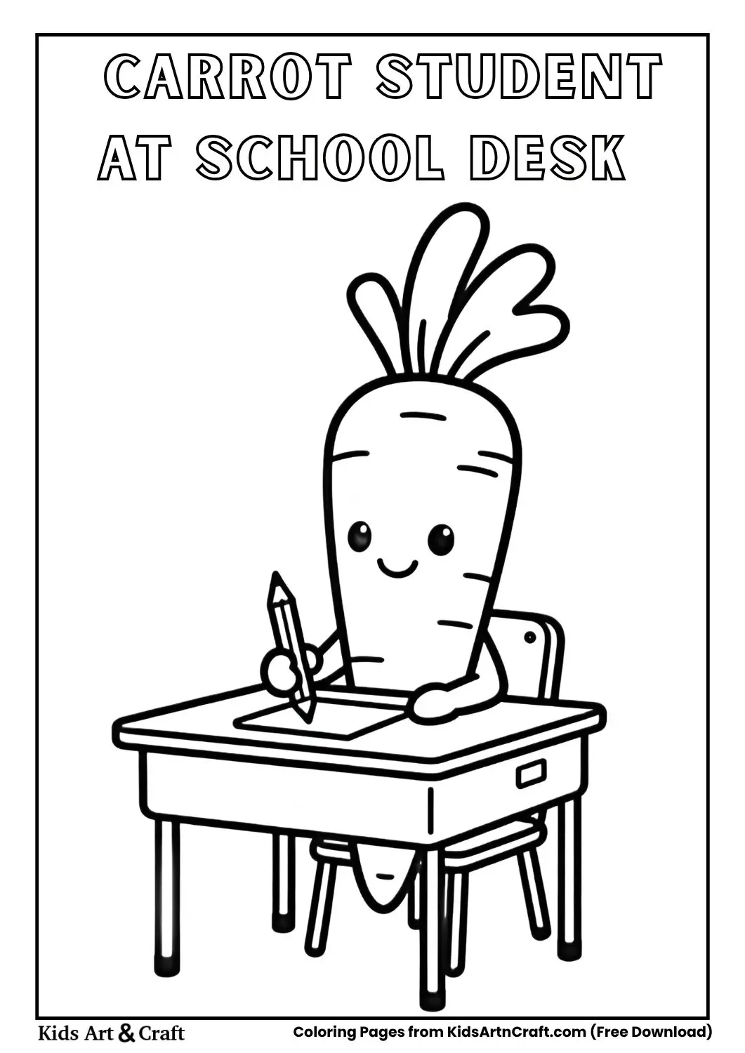 smiling carrot sitting at school desk with pencil coloring page