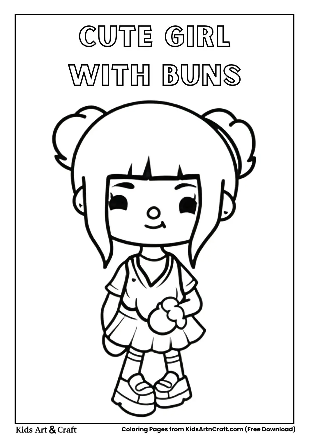 Cartoon girl with hair buns holding a round object in a simple black and white drawing