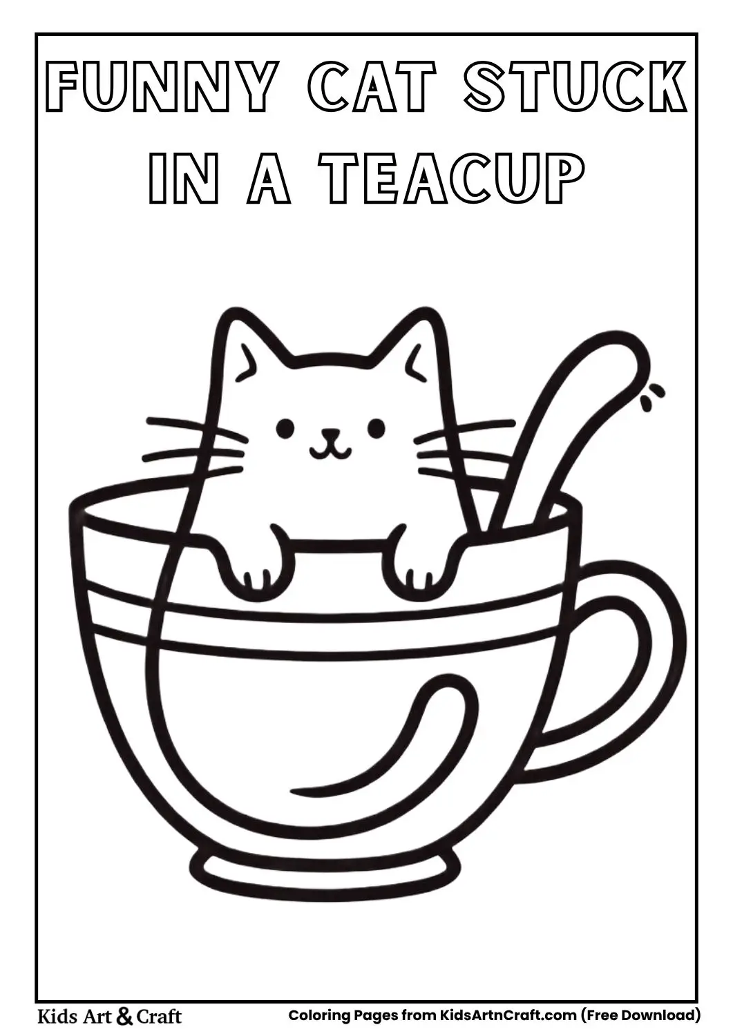 Cute cat stuck inside a teacup cartoon coloring page