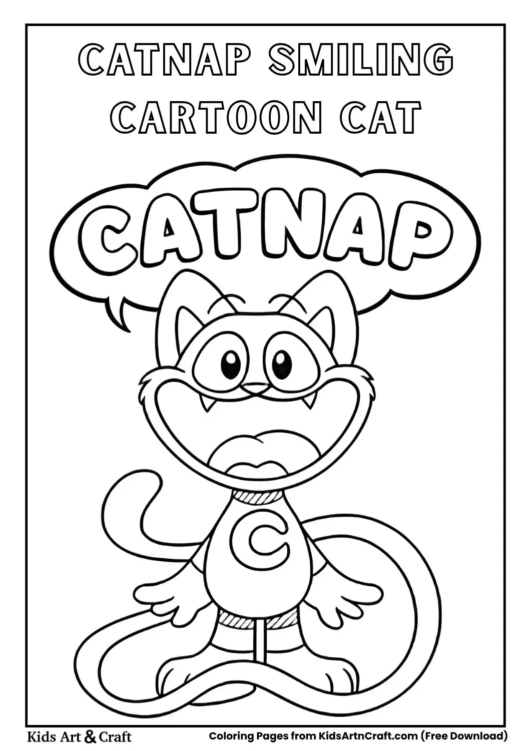 Cartoon cat with big eyes and “CATNAP” text coloring page