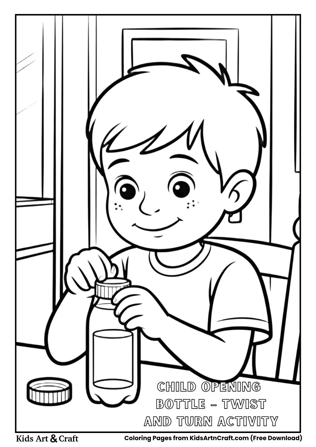 child twisting open water bottle coloring page