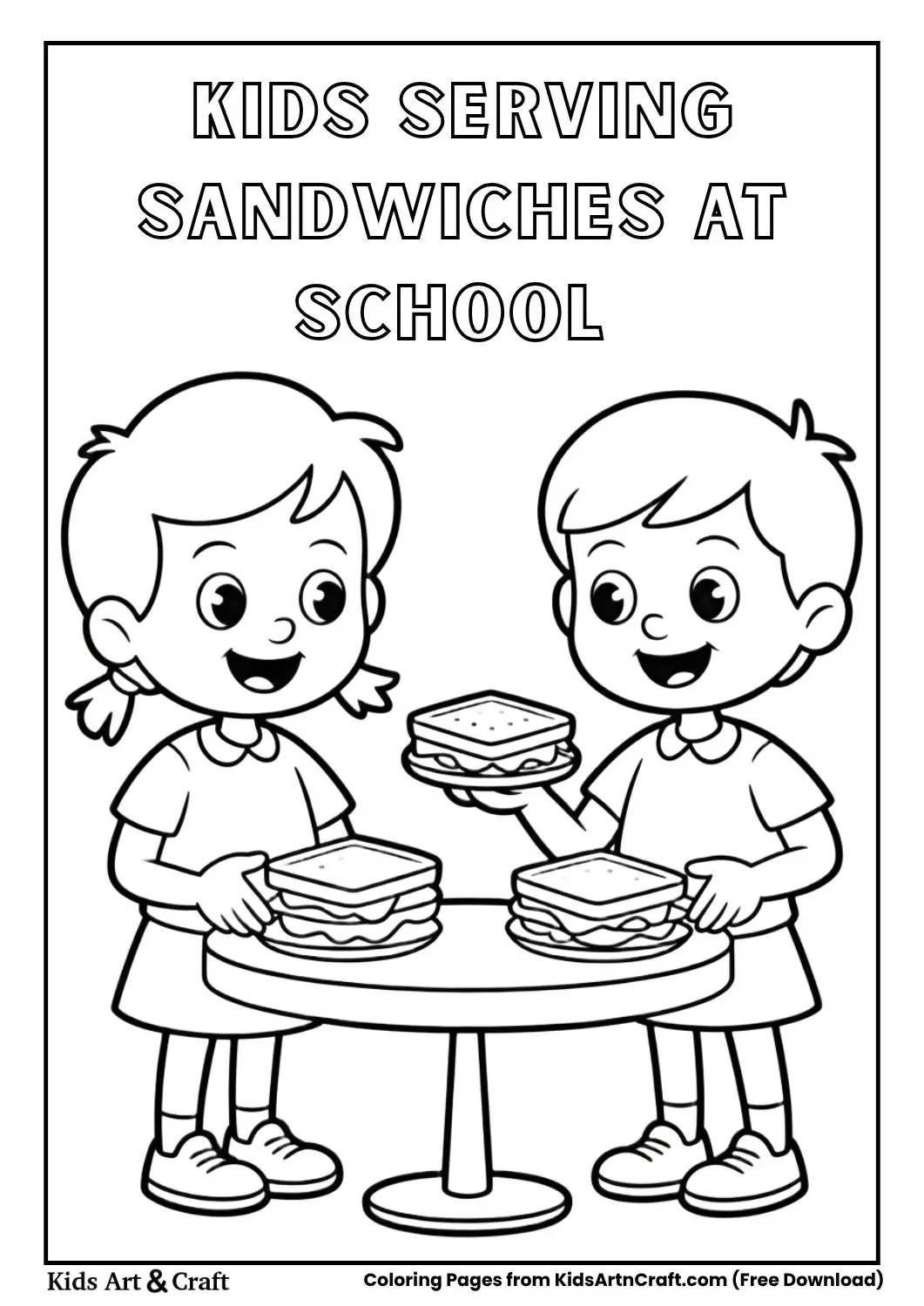 Kids serving sandwiches at school lunch table coloring page