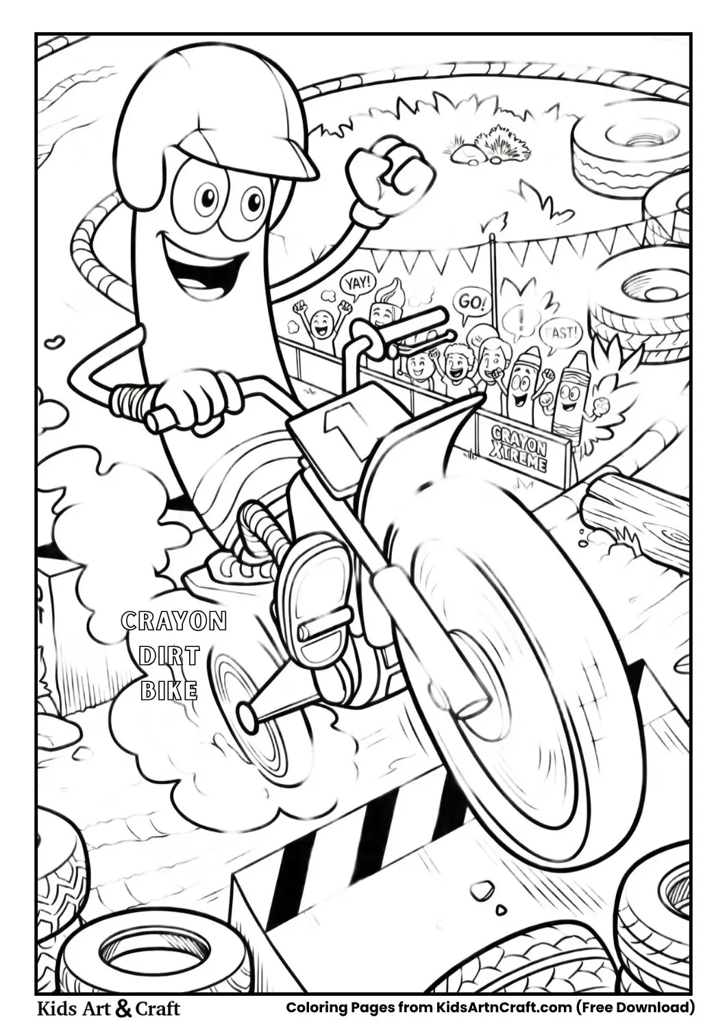 Cartoon crayon riding a dirt bike with helmet and racing outfit
