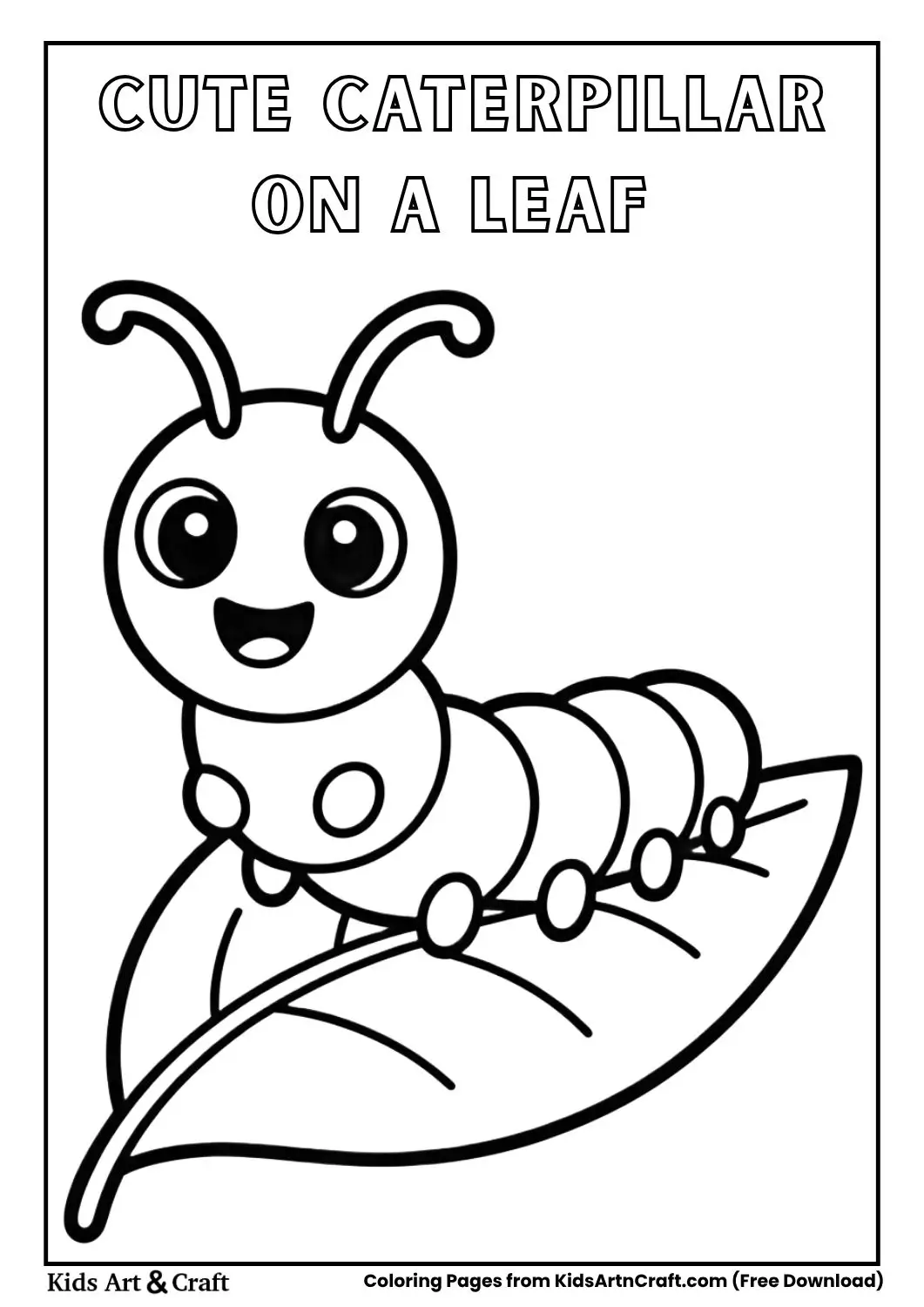 Cute cartoon caterpillar crawling on a leaf, simple black and white coloring page for kids