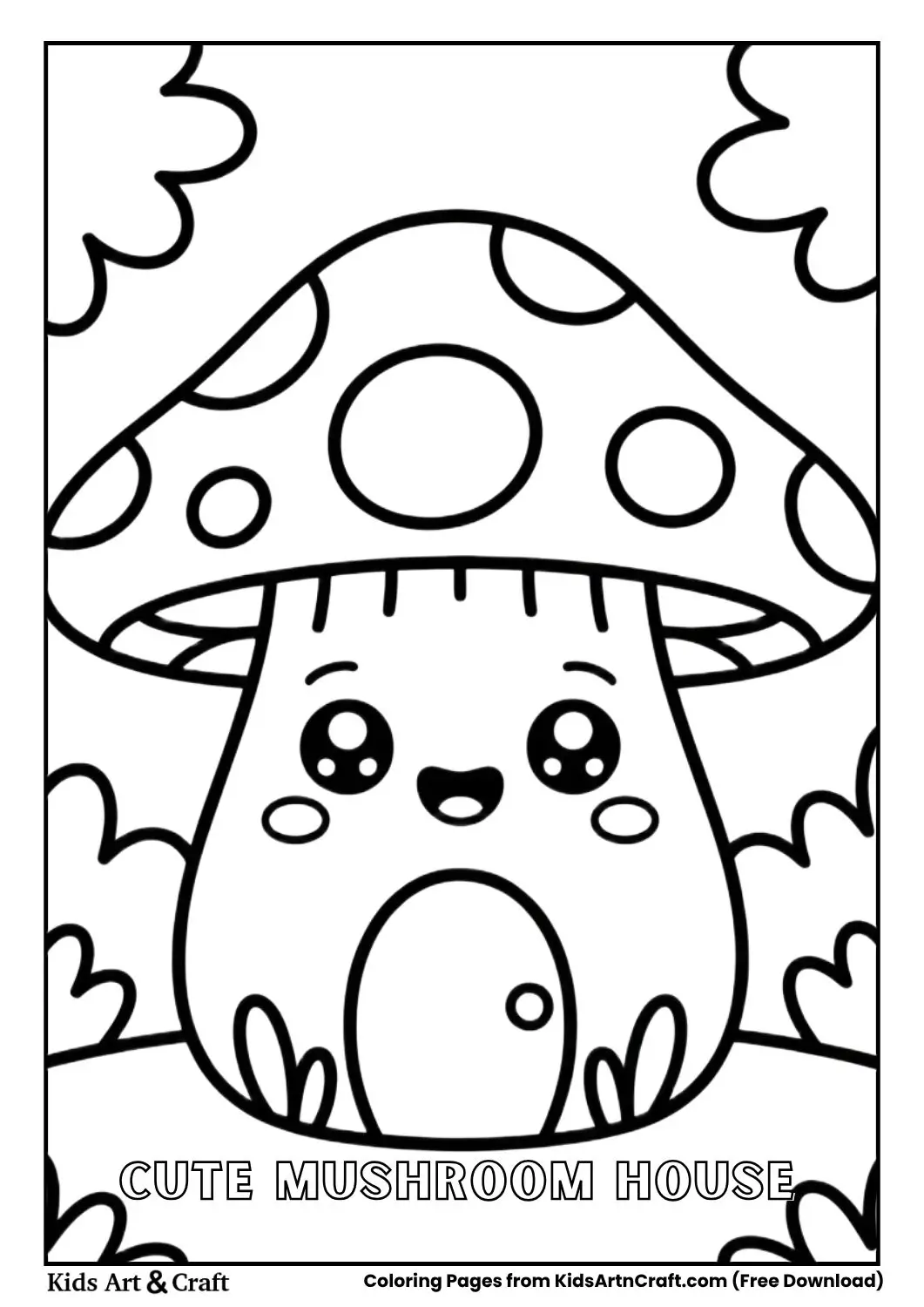 kawaii mushroom house in forest simple outline coloring page for kids
