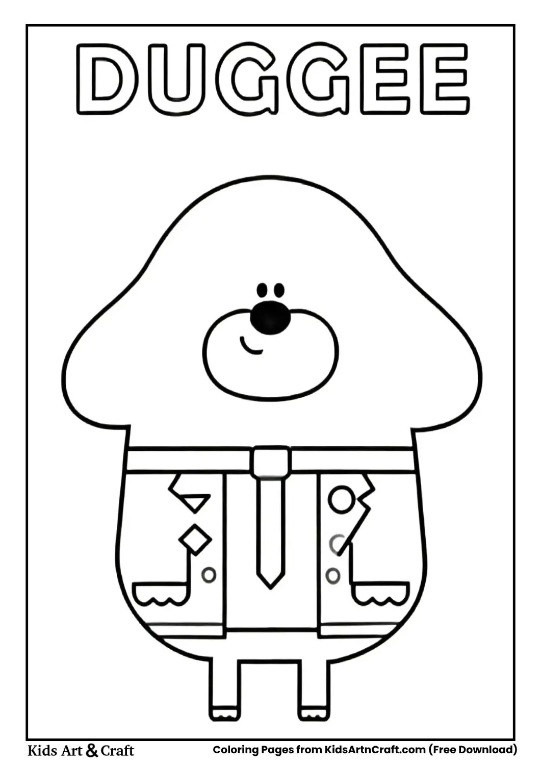 Cartoon dog Duggee wearing shirt, tie, and jacket in black and white line art