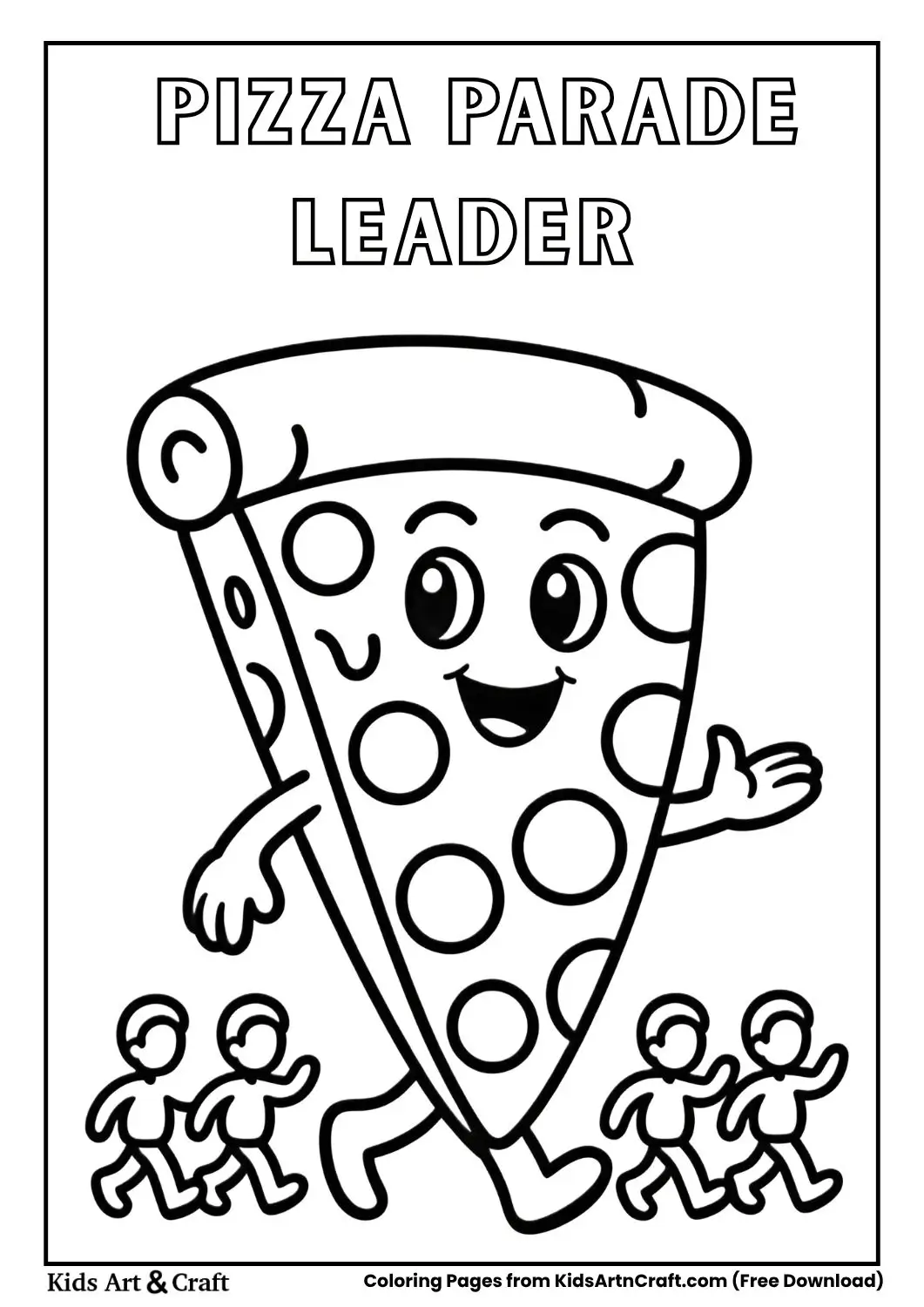 Funny pizza slice leading a parade of tiny humans coloring page