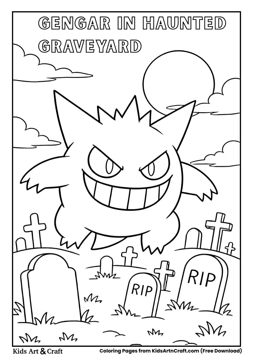 Gengar floating over spooky graveyard with tombstones and moon