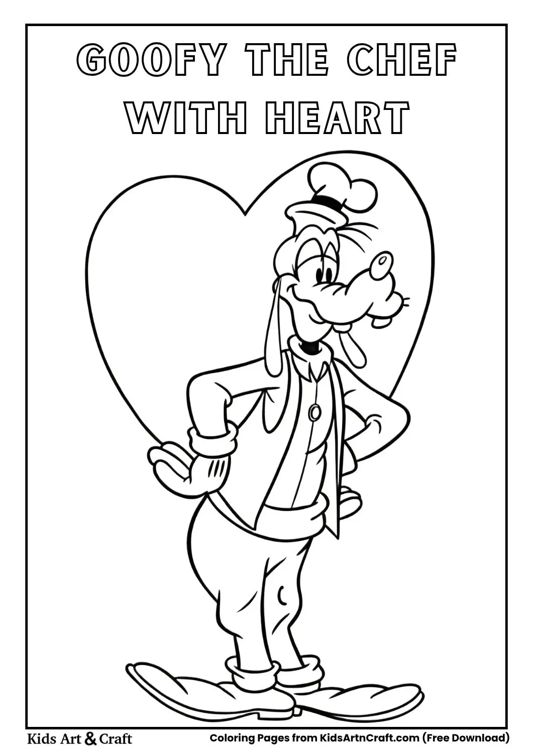 Goofy wearing a chef hat standing confidently with a heart background